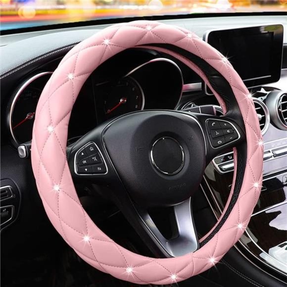 Cute Diamond Soft Light Pink Leather Anti-Slip Steering Wheel Cover with Bling - Picture 1 of 6